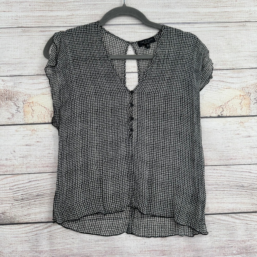 Rag & Bone Blouse Womens Small Black White Silk Blend Sheer Keyhole Back